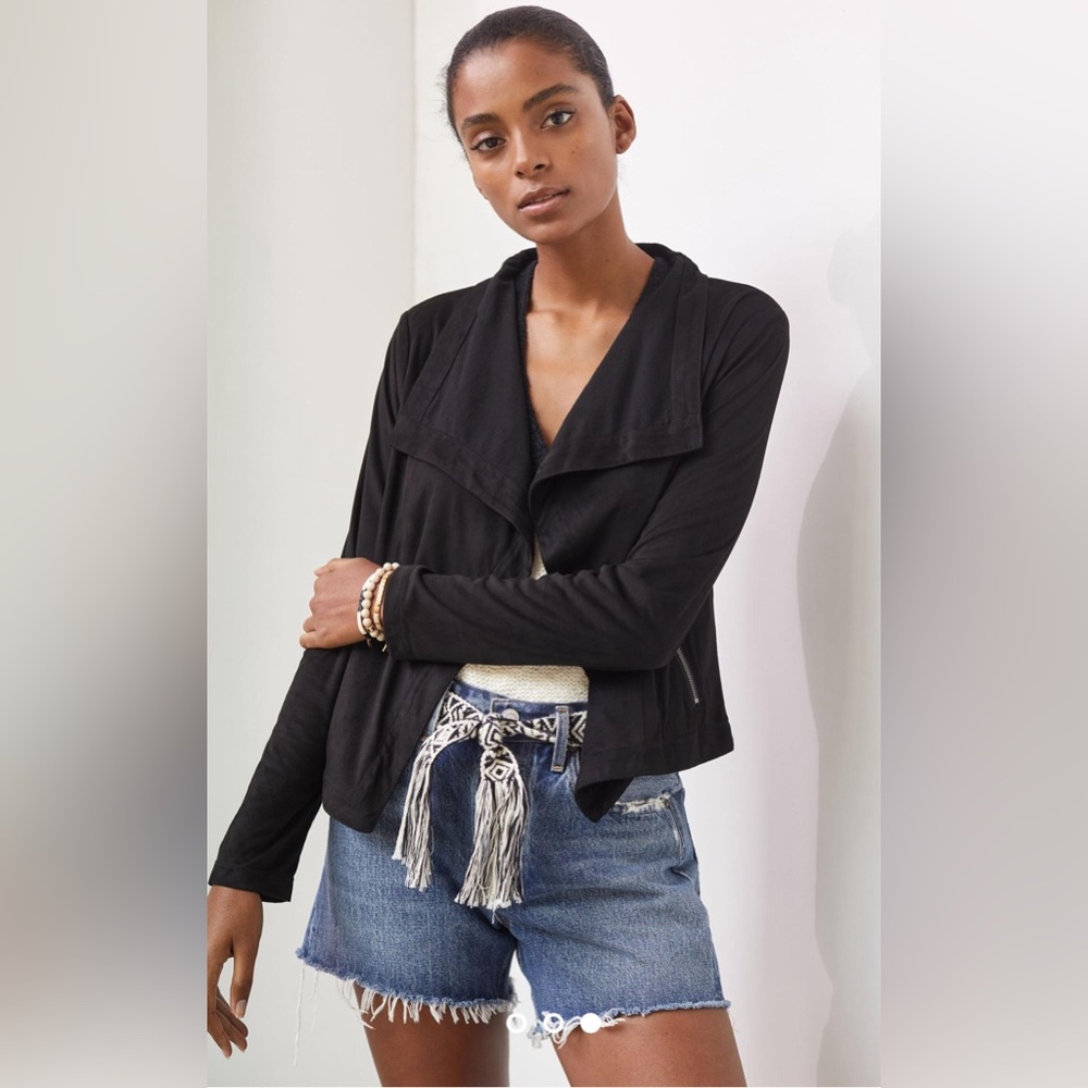 Anthropologie MARRAKECH Exaggerated Draped Collar Faux Sueded Cardigan Black XS